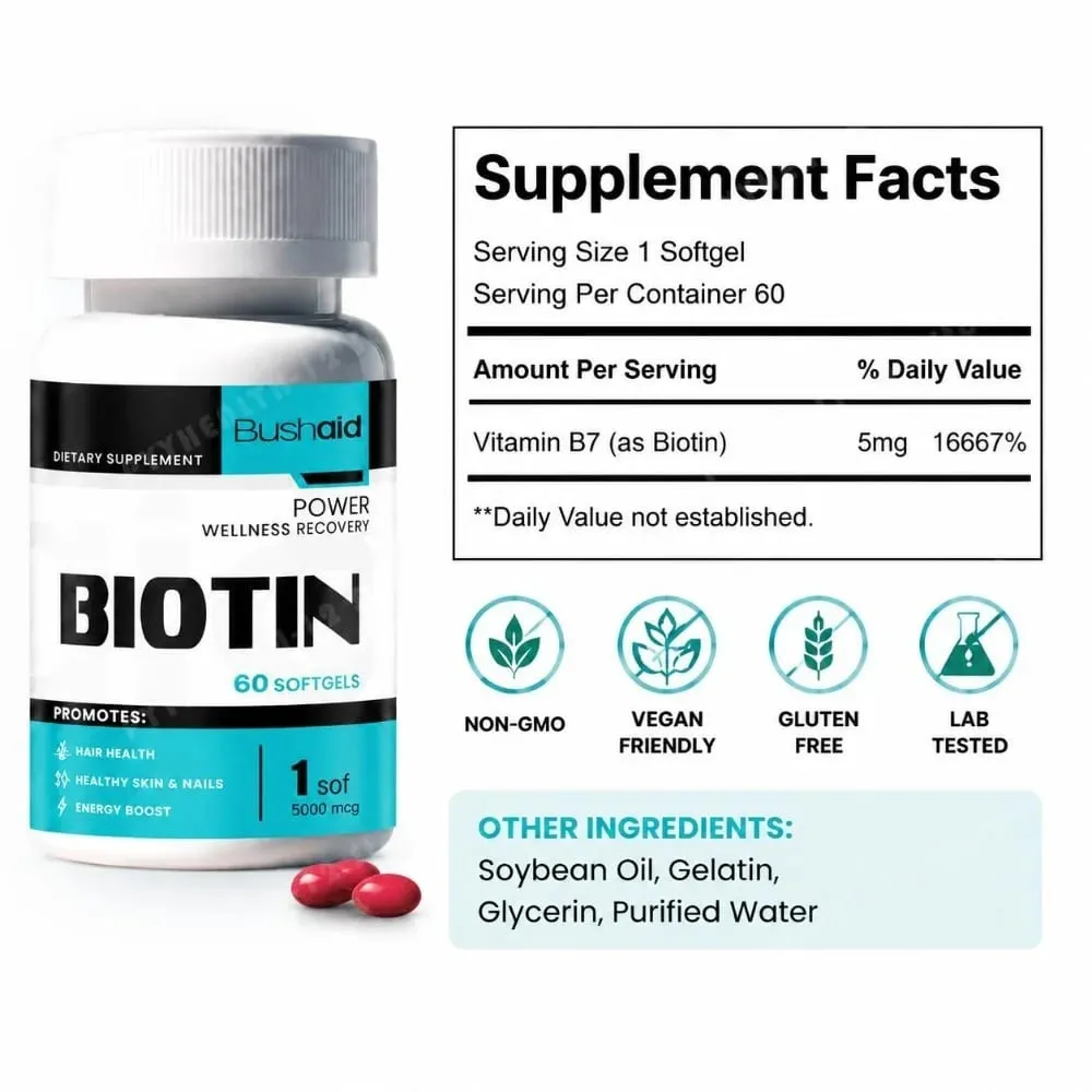 Bushaid Biotin 5000mcg Softgels Hair Skin Nails Vitamin B7 Keratin Support Energy Non-GMO Gluten Free 60 Softgels 60 Day — image 2