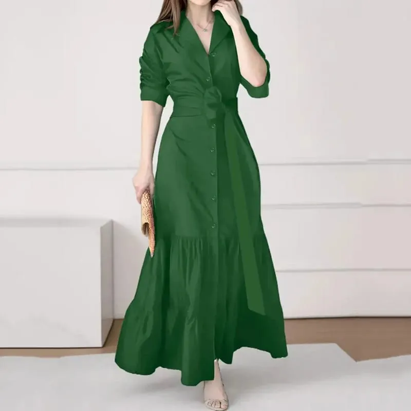 Spring Summer New Women's Long Solid Color Shirt Dresses Versatile Elegant V Neck Lace Up Cinched Waist Single Breasted Dress — image 7