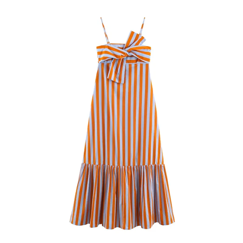 Fashion Women Stripes Print Sling Dress Sleeveless Bow Front Loose Fit Backless Long Dresses Chic Lady Holiday Robe — image 8