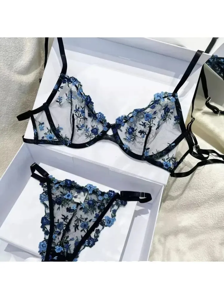 French Elegant Lingerie Set-Floral Embroidery Semi-Transparent Bra & Brief Black Sensual Women's Underwear Luxury Intimates — image 1