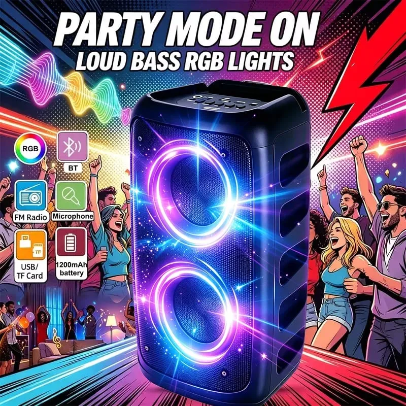 مكبر صوت بلوتوث احترافي كبير 9900 هرتز مع ميكروفون بتصميم محمول يتميز بمصابيح LED لصندوق حفلات مضخم الصوت متوافق مع وظائف BT/USB/TF/AUX/FM/TWS/MIC/EQ الاحترافية للكاريوكي. هدية مثالية لأعياد الميلاد والكريسماس ورأس السنة الجديدة — image 5