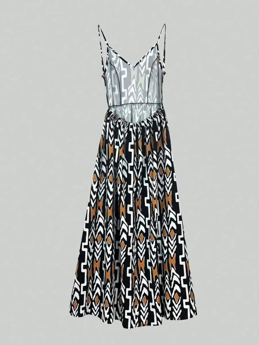 Womens African Print V Neck Backless Maxi Dress Sleeveless High Waist A Line Long Dress Summer Beach Party Elegant Outfit — image 6