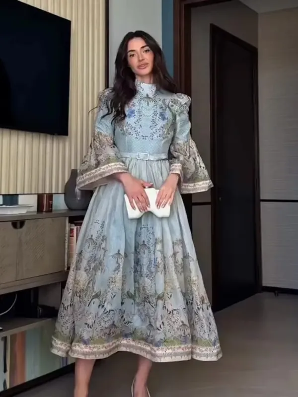 Elegant Floral Printed Women's Dress Stand Collar Full Puff Sleeve A-line Long Dresses 2026 Summer Vacation Party Lady Robes