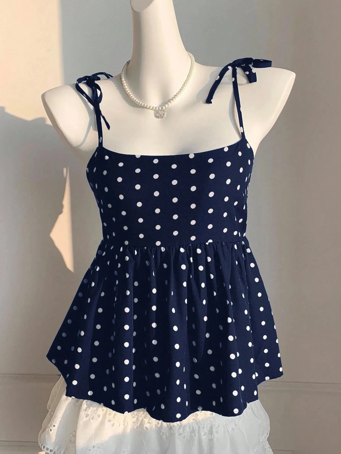 Women's Polka Dot Crop Cami With Spaghetti Straps And Flared Hem Polka Dot Camisole Babydoll Top Babydoll Tops Polkadot Top Cute — image 4
