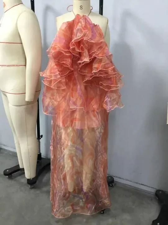 Print Halter Maxi Dress Off Shoulder Multi-Layer Ruffle Sheer Chiffon Loose Flowy Gown Boho Party Tiered Dress for Women — image 6