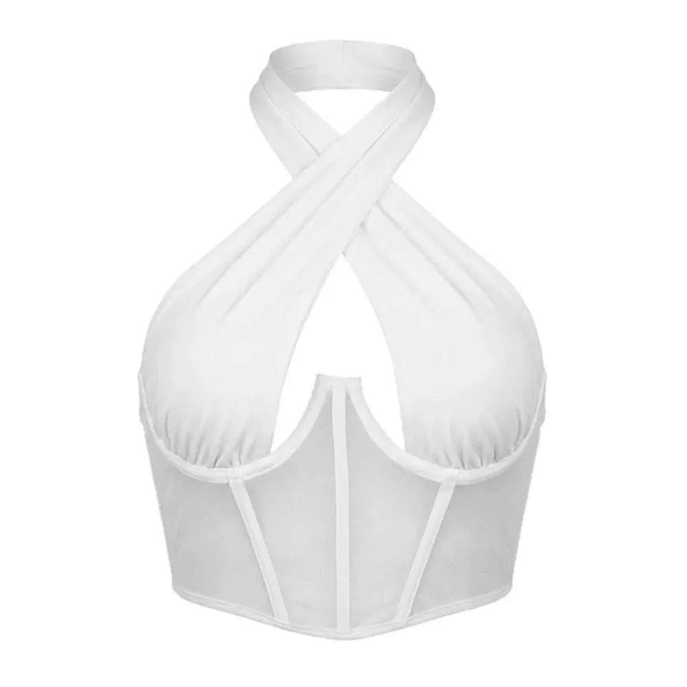 Fashion Solid Color Cross Halter Top Hollow Out Irregular Neckline Sleeveless Top Backless Camisole Summer Clothes — image 4