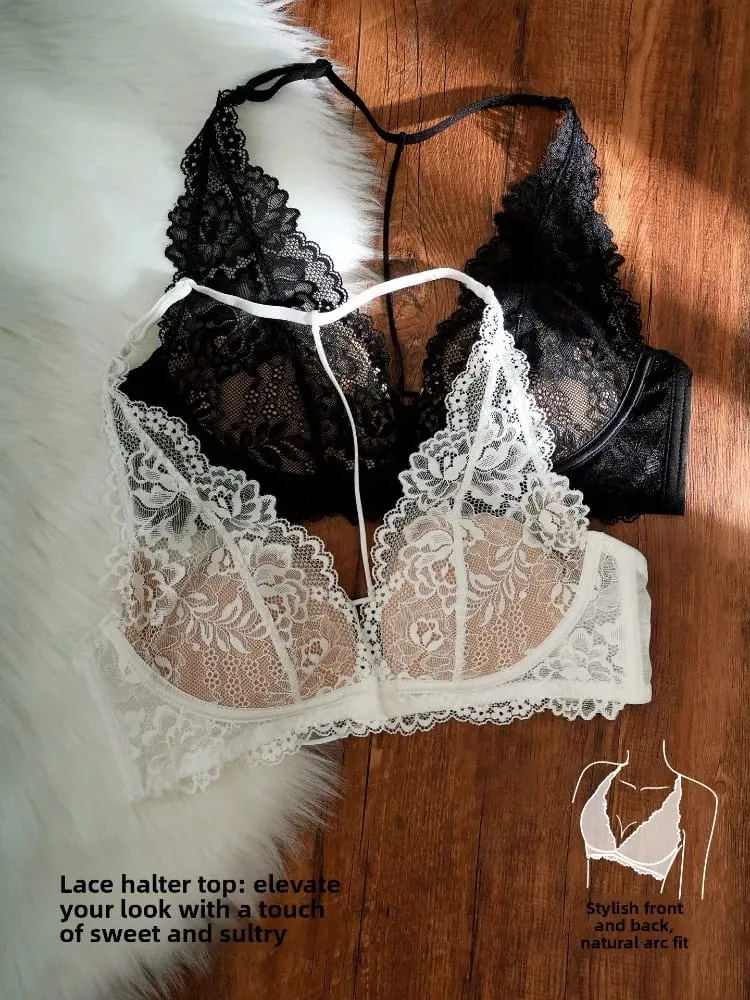 French Vintage Lace Halter Bra Set Wireless Thin Cup Small Breast Push Up Anti Sag Lifting Soft Pure Desire Ladies Intimate Bras — image 4