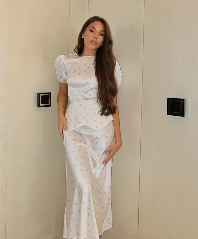 Women's White Floral Print Puff Sleeve Dress With Waistband Fashion Satin Ruffled Hem Maxi Dresses Lady 2026 Elegant Party Robe — image 8