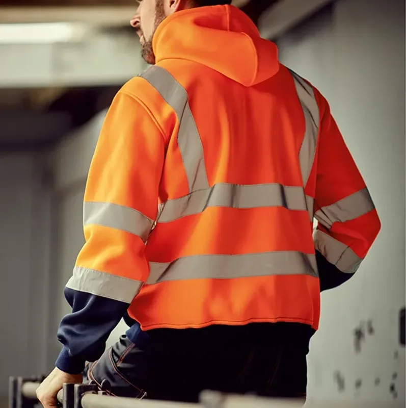 Reflective Work Safety Men Hoodies Drawstring Loose Zipper Jacket Autumn Thin Fleece Hooded Pullover Coat Casual Work Sweatshirt — image 10