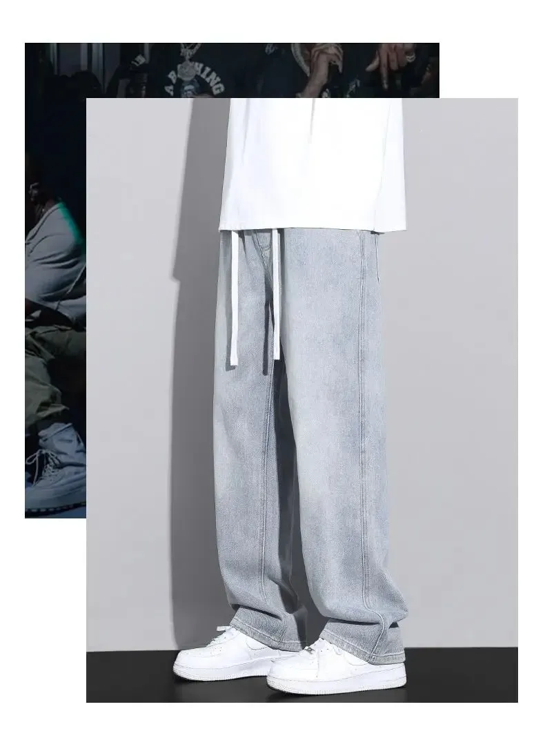 Men's Straight Leg Jeans American High Street High-quality Drawstring Design Daily Casual Loose Pants Washed Polished White — image 5