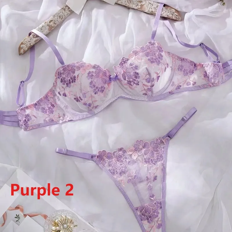 Women Transparent Bralette Underwire 2 Piece Bra and Panty Set Floral Embroidery Sexy Lingerie Set Push Up Bra Panty Underwear
