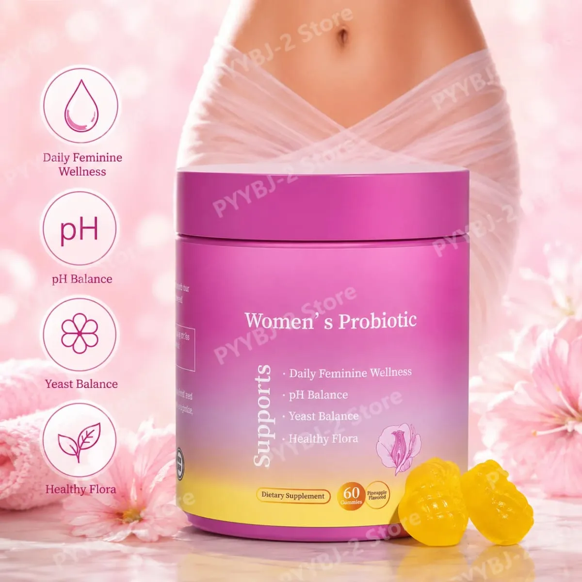 Probiotic Gummies Pineapple Flavor with Prebiotics for Daily Gut Health Support Maintain PH Balance 60pcs Per Bottle — image 1