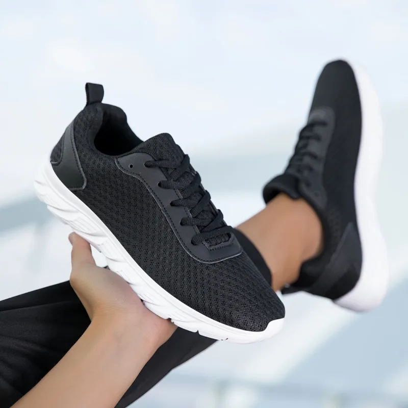 Solida svarta atletiska skor för män ihåligt mesh ovandel, halkfri lätt sula Jogging träning Fritidsresor Dagliga resor Utomhus Sport Fotväska — image 2