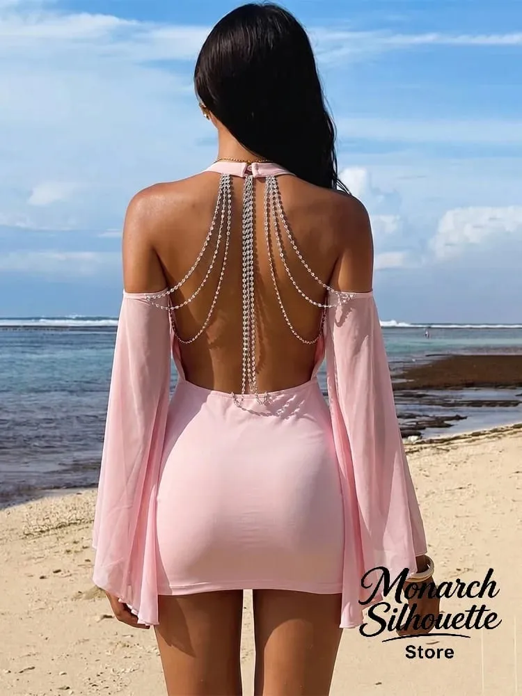 Backless Batwing Sleeves Short Dress Sexy Women Solid Off Shoulder Hip Hugging Pleated Dresses 2026 Spring Lady Party Vestidos — image 4