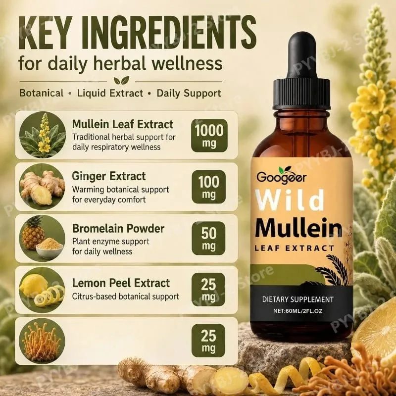 Mullein Liquid Drops 60ml with Wild Mullein Leaf Extract and Ginger Support Lung Health & Clean Impurities Plant Supplement — image 3