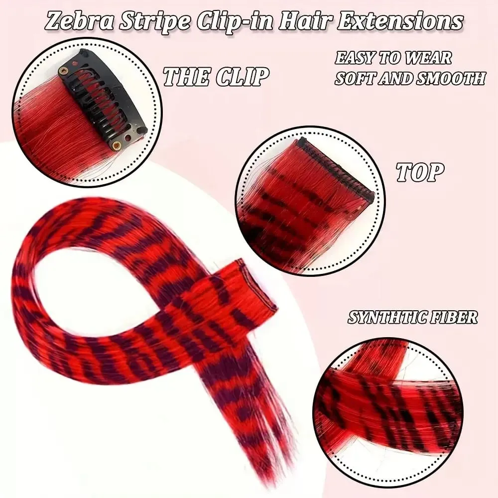 3pcs/set Stripe Printed Hair Colorful Long Straight Hair Pieces Synthetic Clip-in Hair Extensions for Daily Use Party Halloween — image 7