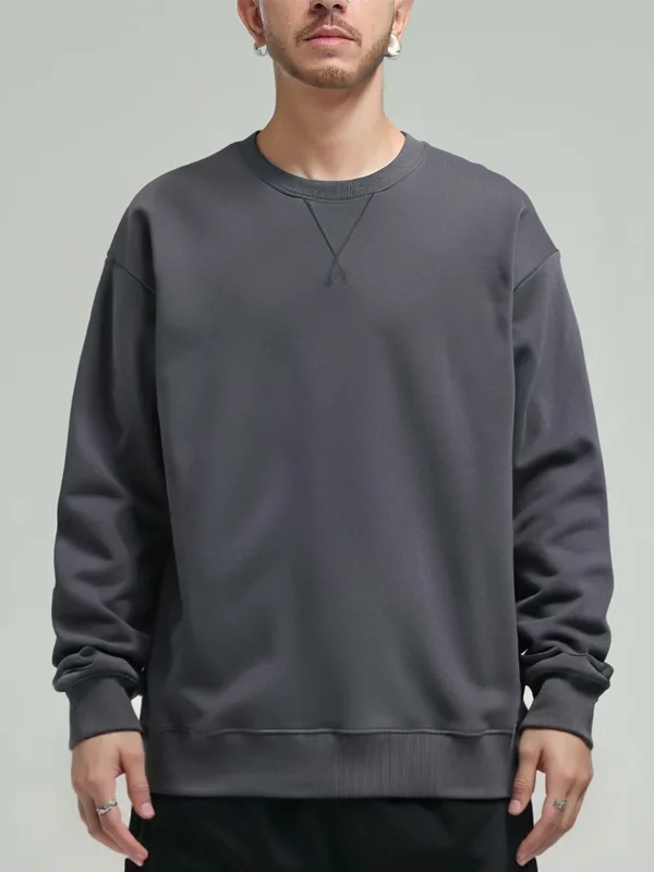 380g Tight Match Heavy Inverted Triangle Loose Versatile Solid Cotton Vintage Autum Winter Long Sleeve Round Neck Sweater — image 3