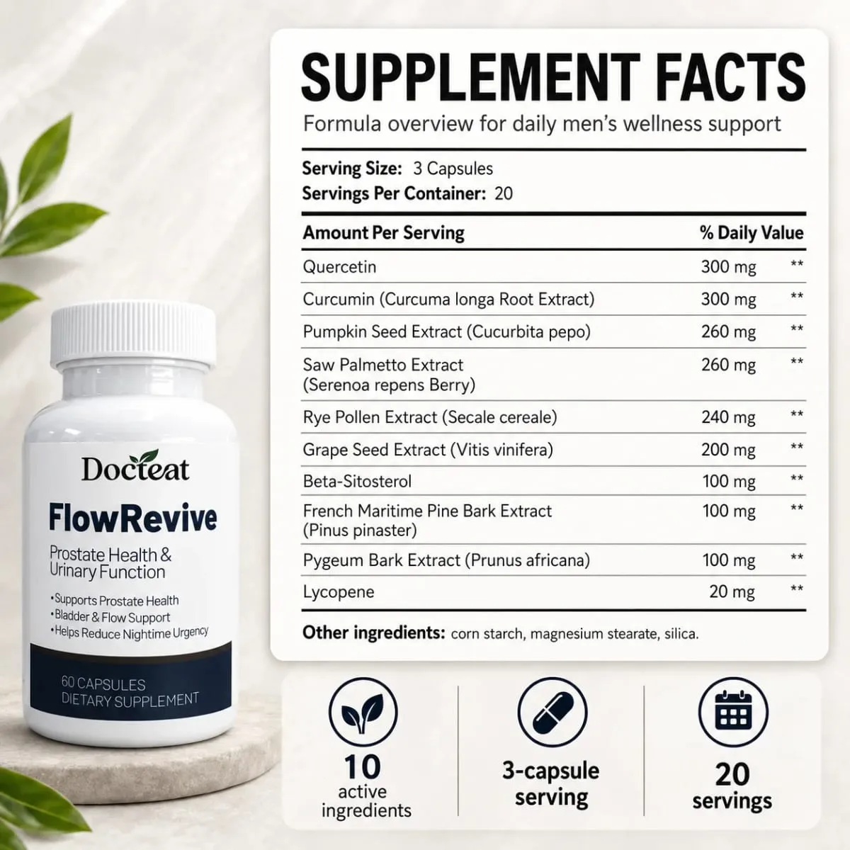 Men Prostate Health Capsules 60 Count Saw Palmetto Pumpkin Seed Beta-Sitosterol Quercetin Curcumin Daily Urinary Flow Support — image 4