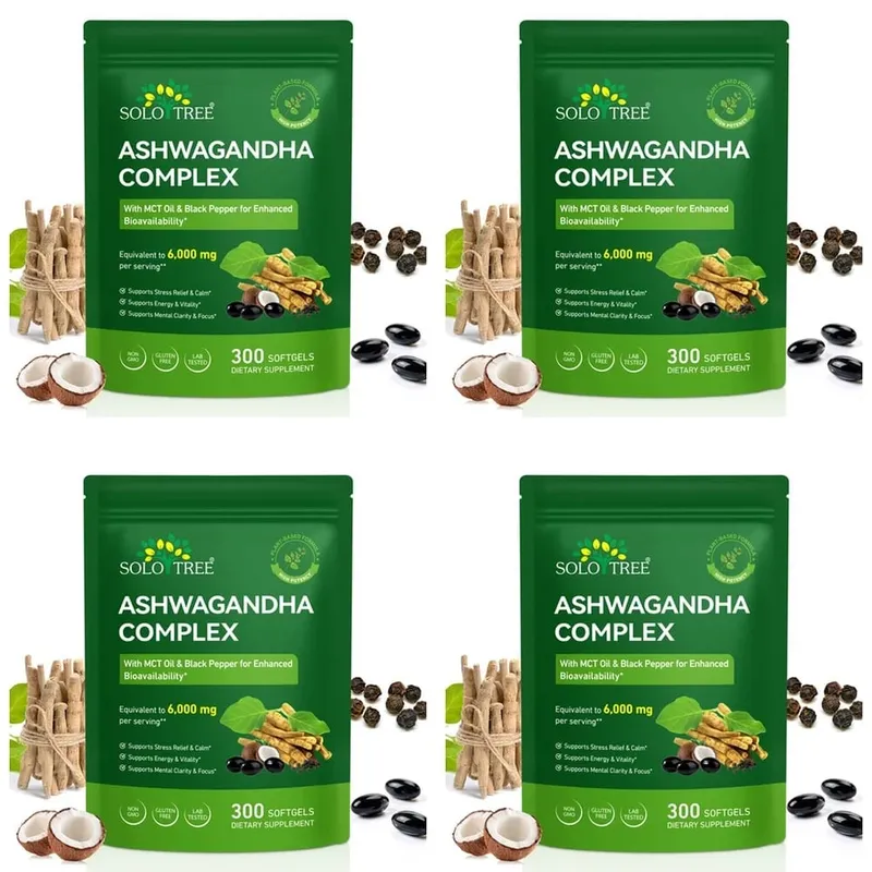 Solo Tree Ashwagandha Complex Softgels Supports Stress Relief Calm Mental Clarity Focus with MCT Oil & Black Pepper 300 Softgels