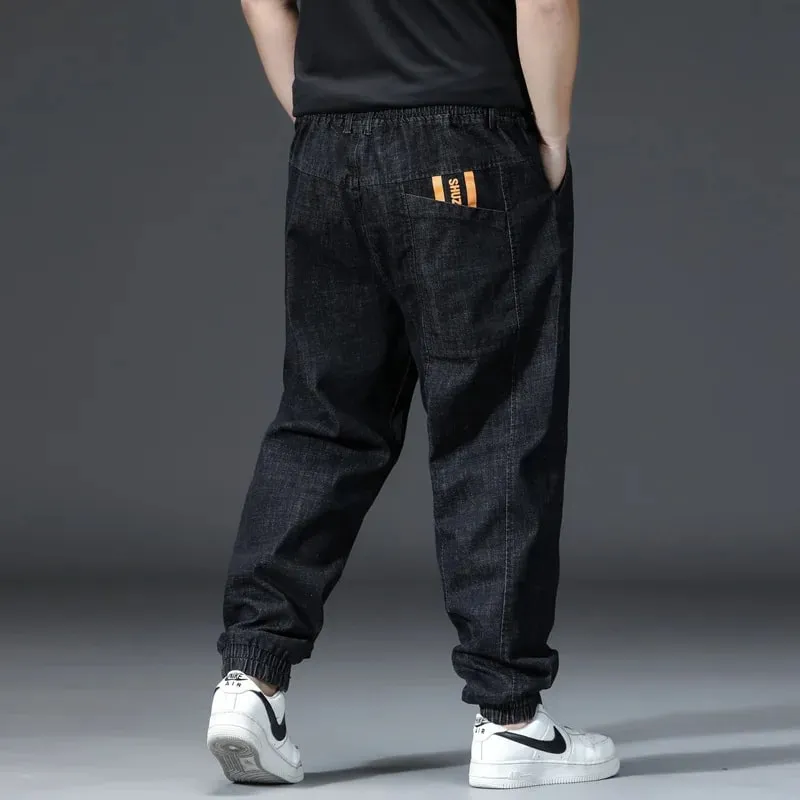 Men's Elastic Waist Loose Straight Jogger Jeans Plus Size Cuffed Ankle Denim Pants pantalones hombre Casual Trousers