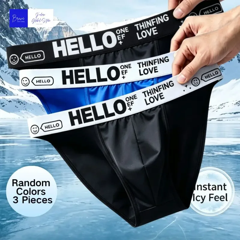 Men Trendy Ice Silk Bikini Briefs Hello Letter Print Moisture Wicking Breathable Athletic Underwear Stylish Cooling Underpants