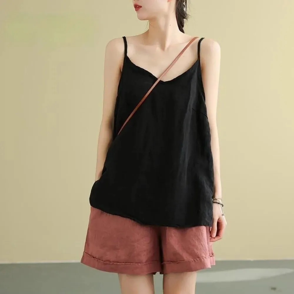 Basic Cotton Linen Spaghetti Strap Top V Neck Sleeveless Sleeveless Tank Top Loose Fit Breathable Camis Top Summer Wear — image 11