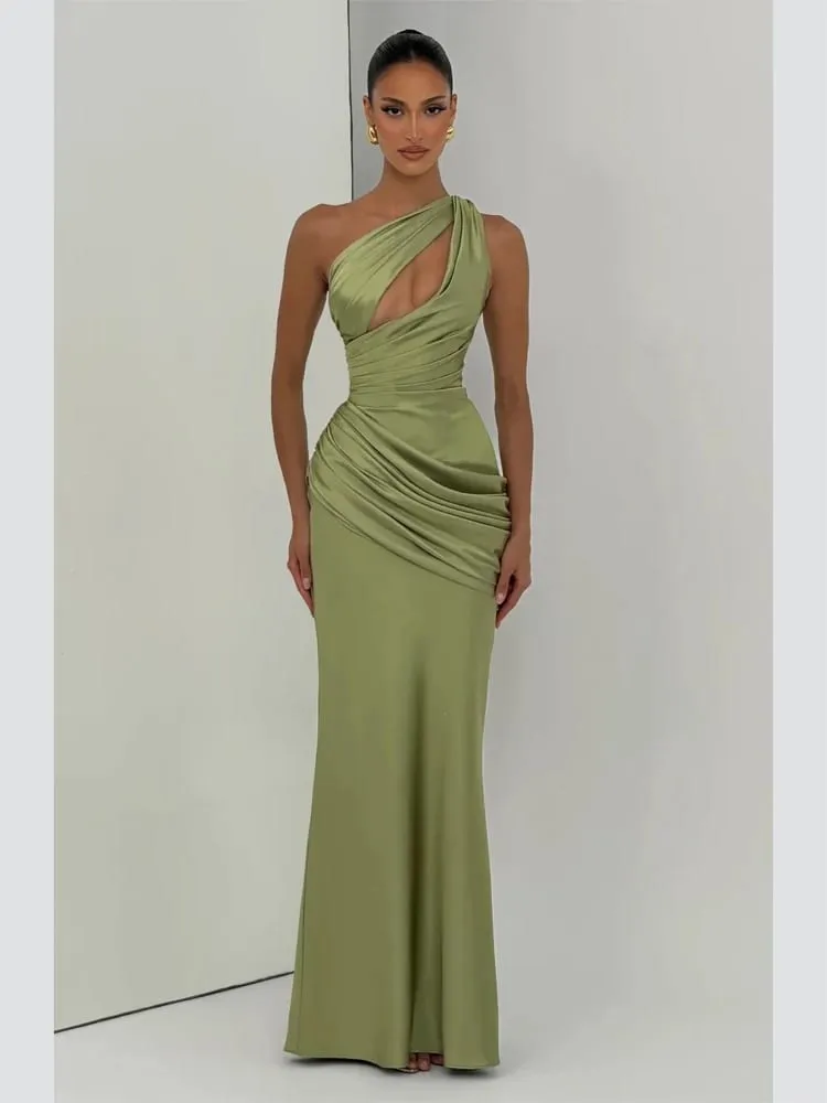 Satin One Shoulder Cutout Long Dress Women Elegant Solid Ruched Mermaid Slim Fit Flowy Vestido 2026 Lady Summer Evening Dresses — image 2