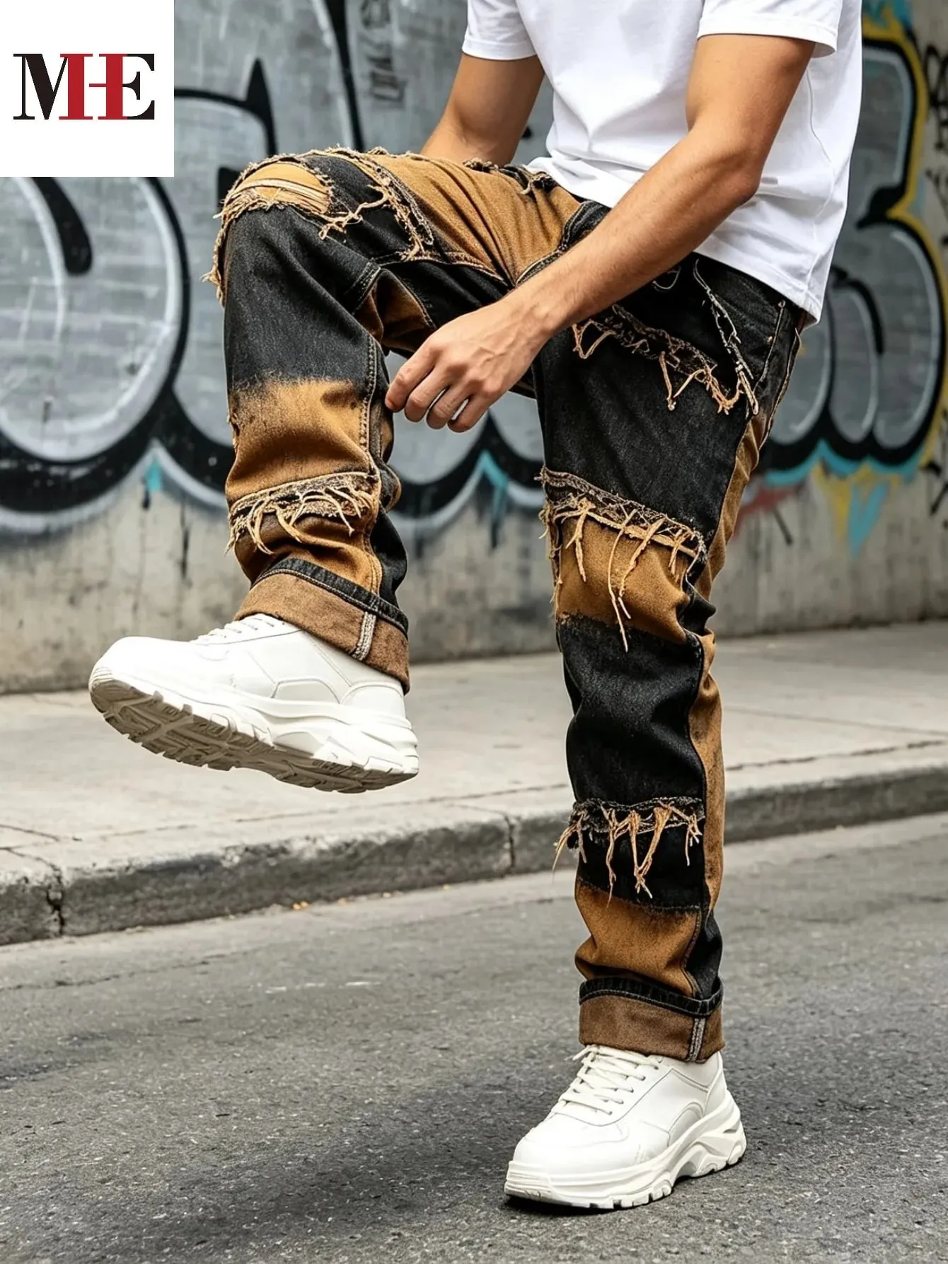 【HME】Men's Jeans | Straight‑Fit Deconstructed Denim Pants vintage Mud‑Wash Two‑Color Spliced Denim Trousers Exposed Frayed Tassel Seams Classic Five‑Pocket Construction Durable Fabric Fashion Men Casual Pants — image 7