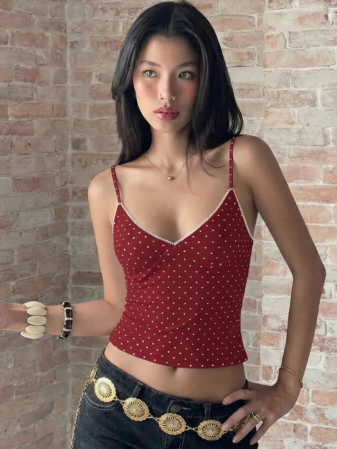 Hugcitar Polka Dot Print V Neck Slips Backless Sexy Slim Crop Camis Top Spring Summer Women Fashion Clothings Streetwear Party