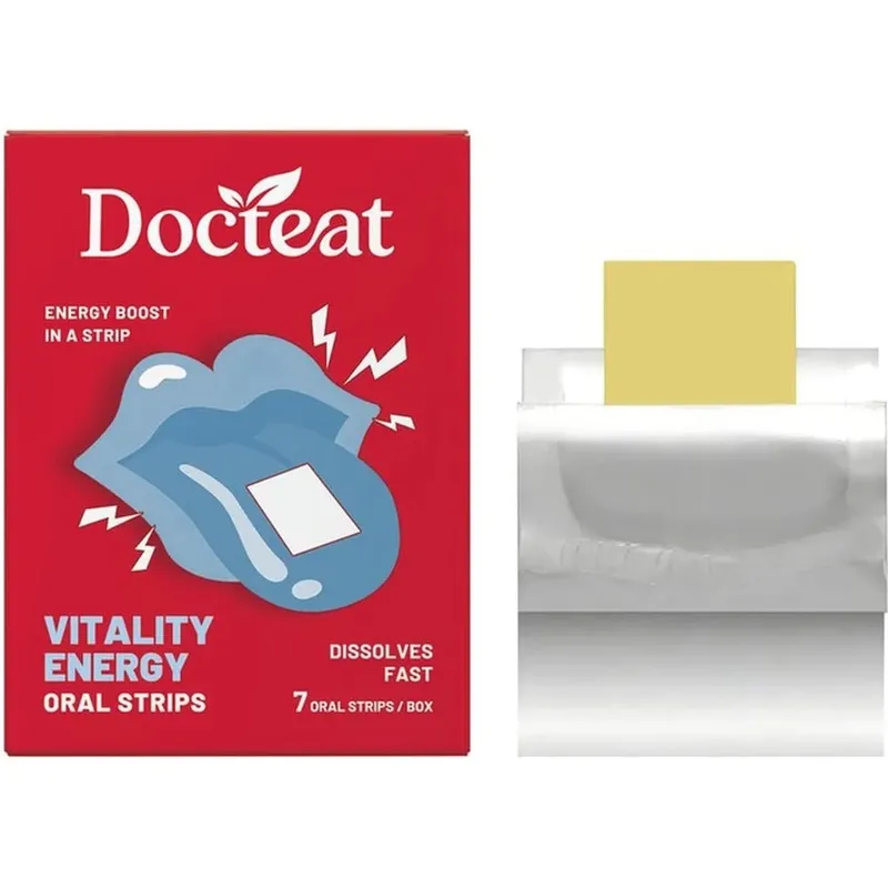 Docteat Energy Support Oral Strips with Caffeine L-Theanine Vitamin B3 B6 B12 Fast Dissolving Daily Nutrition Supplement 7 Count