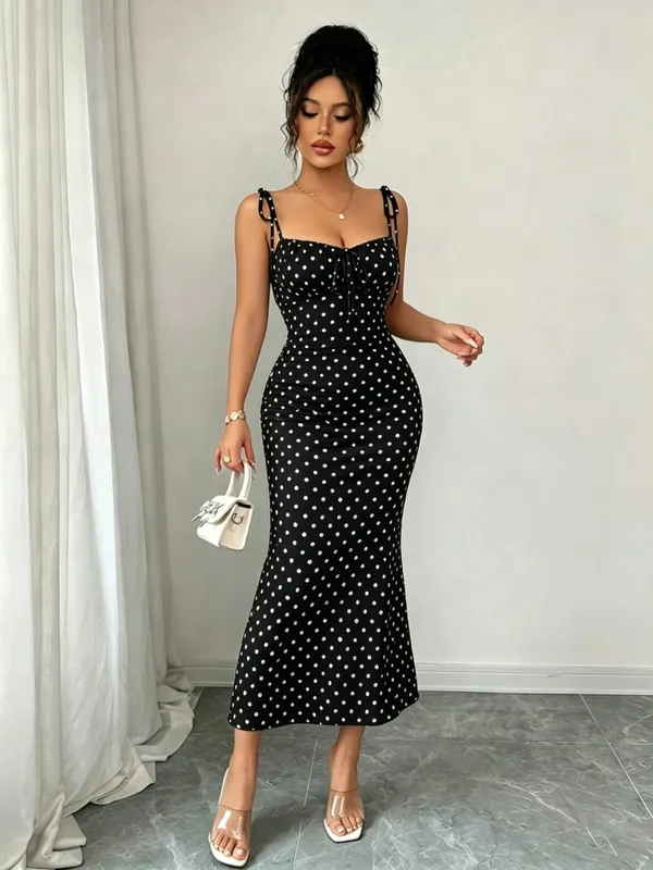 Black and White Polka Dot Bow Mid-Length Dress Pleated Tight-Fitting Fishtail Dress Vintage Slim-Fit Fishtail Party Long Dress