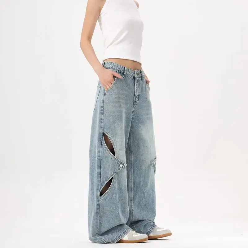 2025 New American style patchwork structure denim pants with holes men's and women's loose wide leg unisex straight leg jeans — image 5