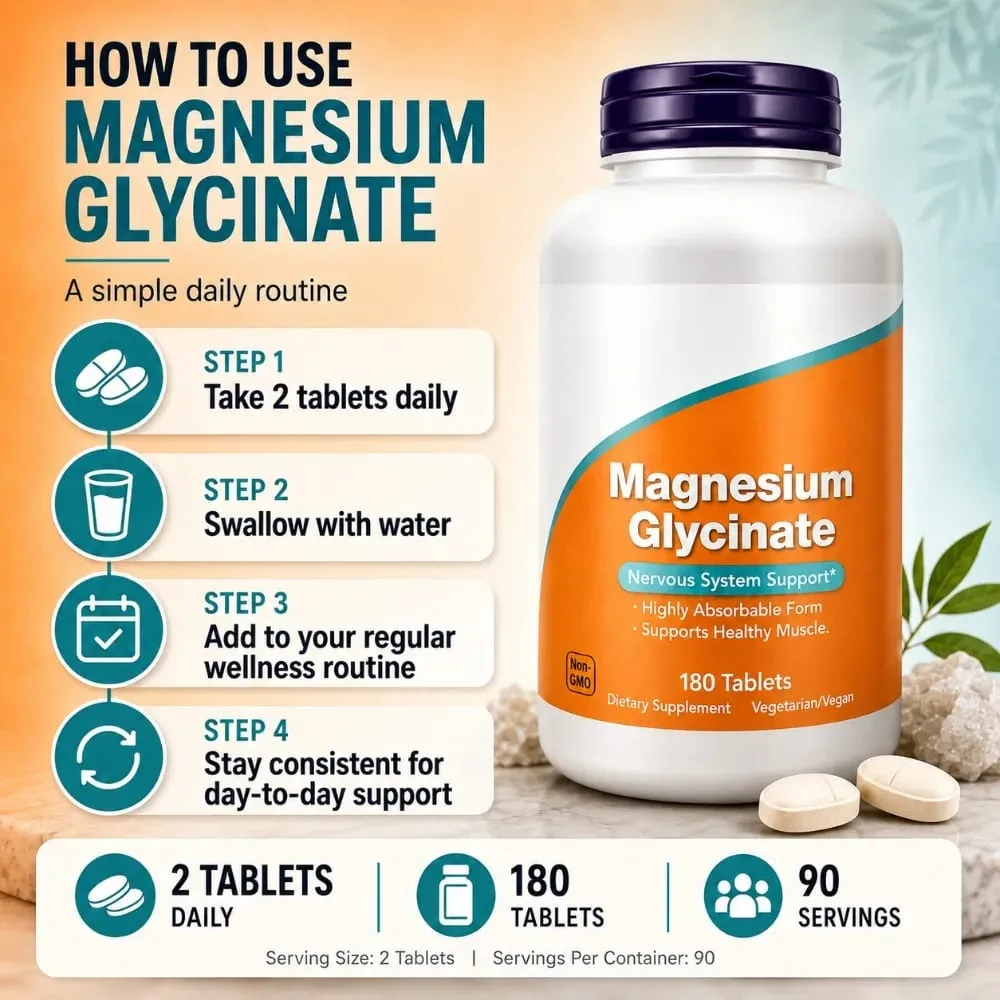 Magnesium Glycinate Tablets 200mg High Absorption Vegan Non-GMO Formula for Nervous System Muscle Relaxation Support 180 Count — image 5