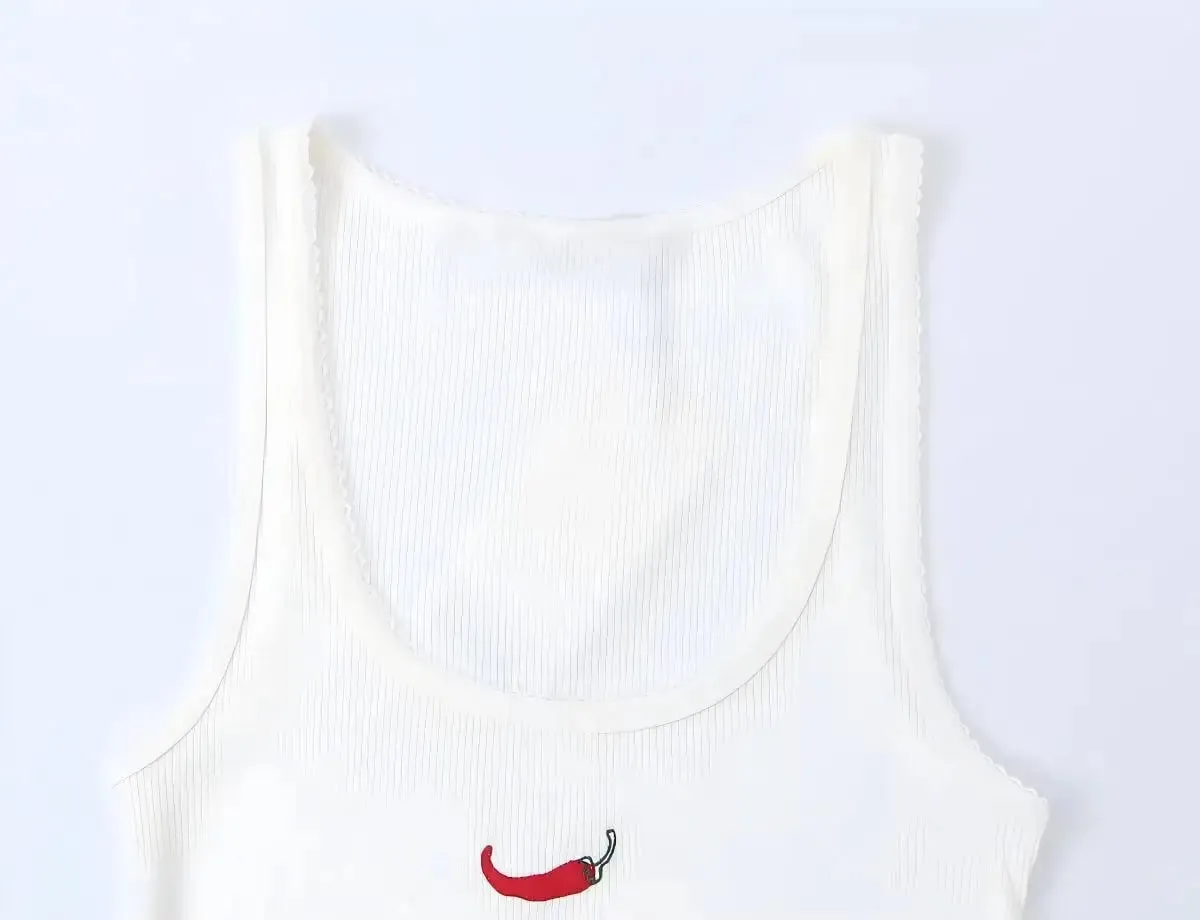 Women's Sleeveless Tank Top - Chili Embroidery Round Neck Ribbed Vest 2026 Summer Sweet Casual — image 5