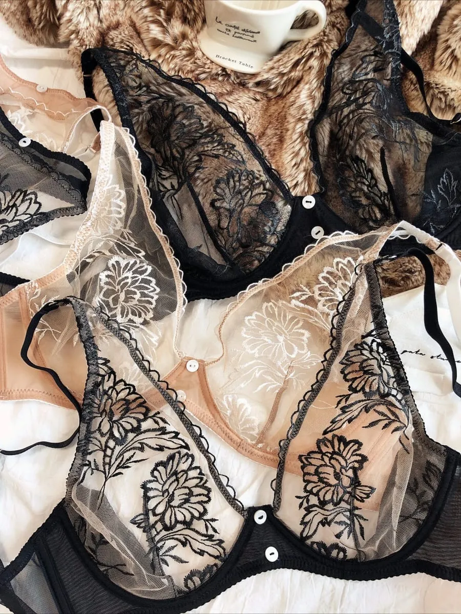 French Sexy Ultra Thin Women Underwear Deep V Push Up Bra Romantic Lace Flowers Embroidery Lingerie Wire Free Bra and Thong Sets — image 1