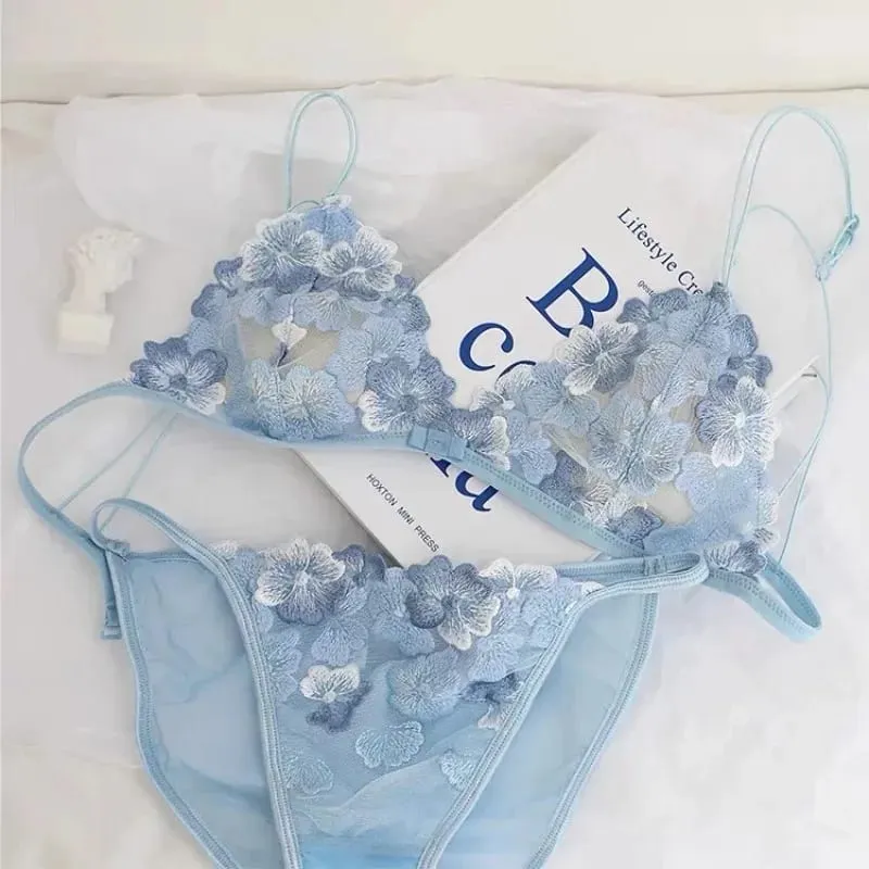 French Style Triangle Cup Bralette Embroidered Lace Wireless Hollow Out Pure Desire Lingerie Set CA MOYIU Sexy Bra Panty & Tushy — image 7