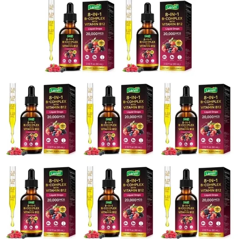 Lenm B Complex Liquid Drops 8-in-1 with B12 2000mcg B1 B2 B3 B5 B6 B7 Folate for Energy & Metabolism Support Sugar-Free 60ML