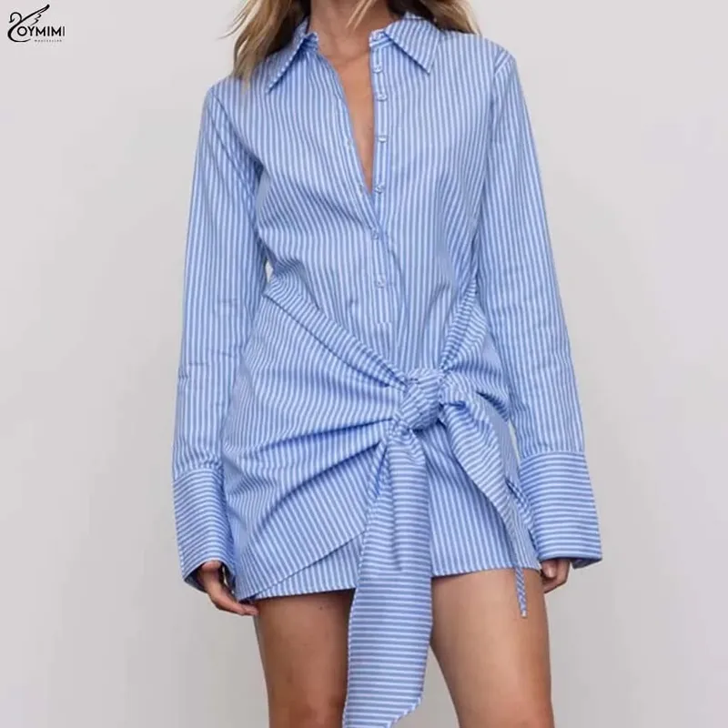 Oymimi Casual Blue Print Woman Dresses Fashion Long Sleeve Single Breasted Dress Elegant Lace-Up Patchwork Min Dress Streetwear