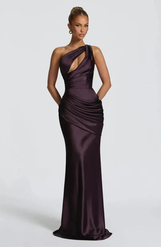 Elegant Women Satin One Shoulder Maxi Dress Chic Green Ruched Mermaid Slim Fit Flowy Vestidos 2026 Lady Summer Evening Vestidos