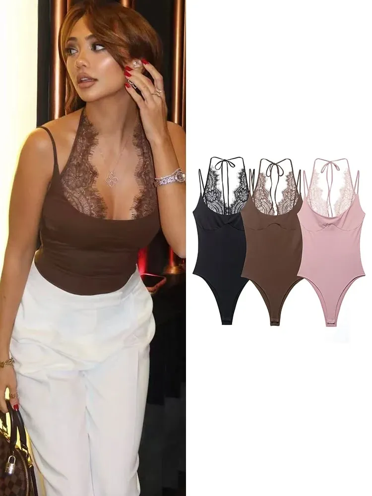 Ladies Sexy Slim Bodysuits Women Chic Lace Partwork Sleeveless Fashion Backless Sling Tops Newest Casual Playsuit Outfits Female — image 1