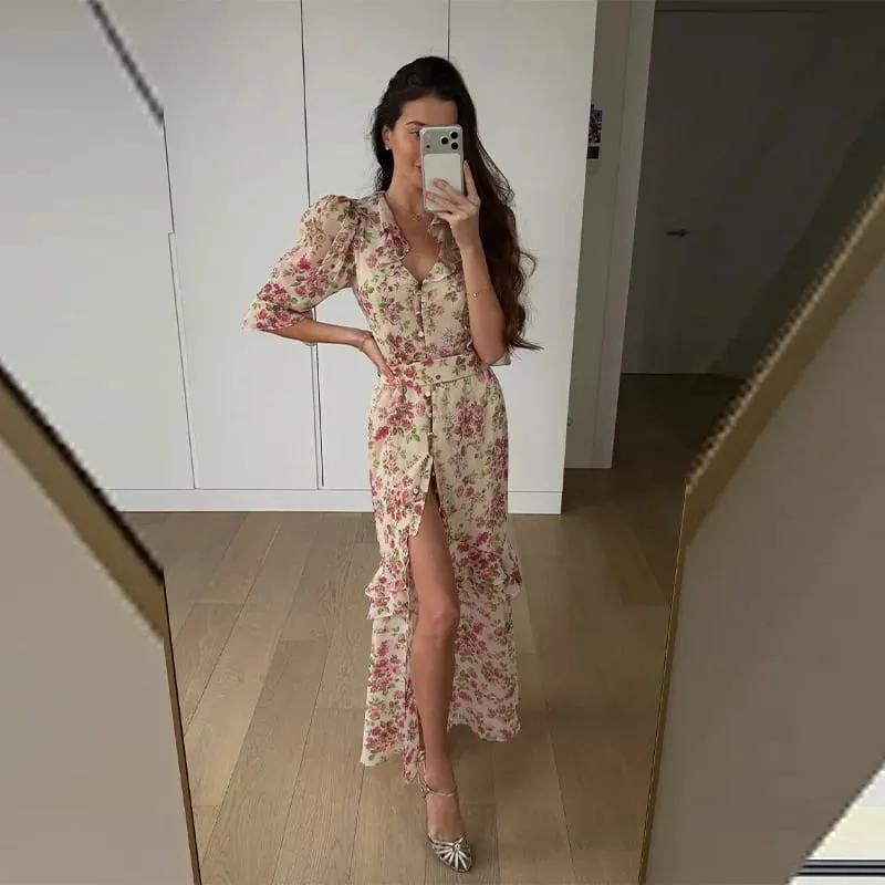 Women Chic Pink Floral Print Maxi Vestido Elegant V Neck Ruffle Trim Flare Sleeve Ruched High Chiffon Dress 2026 Party Outfit — image 18