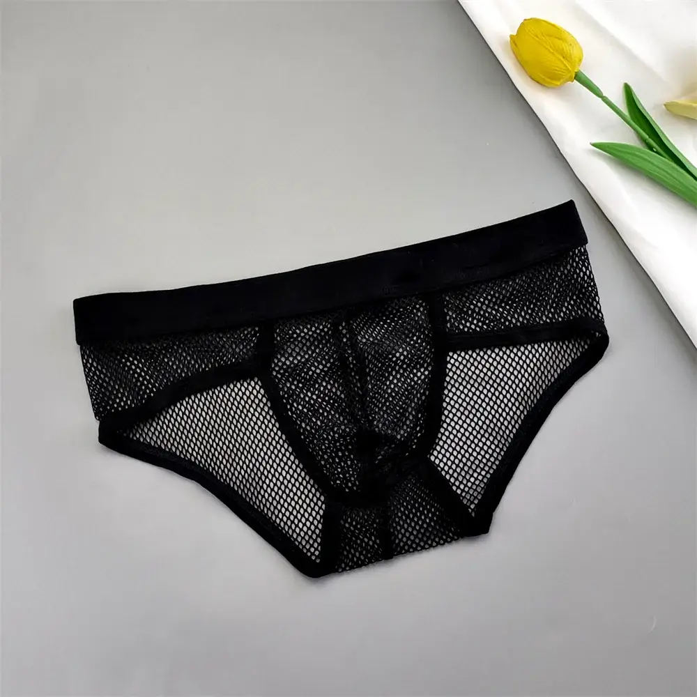Hollow Out Mesh Men's U Pouch Underwear Low Waist Transparent Bikini Briefs Breathable Panties Plus Size — image 1