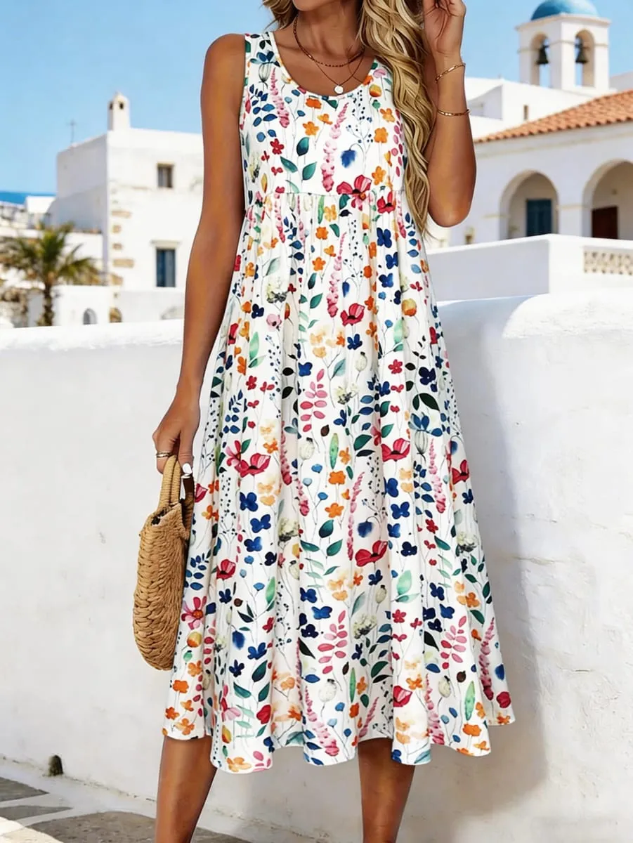 Women's Watercolor Floral Print Sleeveless Midi Dress Summer Casual Round Neck A Line Flowy Sundress — image 5