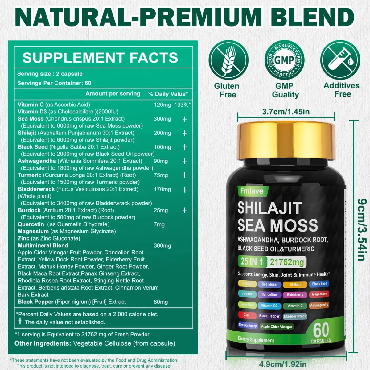 Sea Moss Shilajit Ashwagandha Sea Moss Capsule Supplement with Turmeric Burdock Root Bladderwrack Vitamin C Vitamin D3 Enhanced Immunity & Energy Black Seed Oil Capsule — image 2