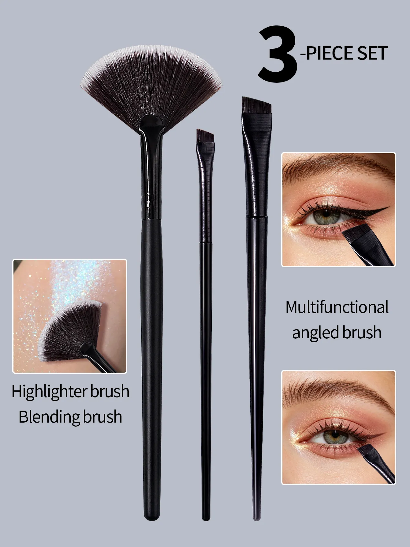 3PCS Fan Highlighter Brush Angled Eyebrow Eyeliner Makeup Brushes Set Soft Synthetic Hair Precise Eye Face Cosmetic Brushes — image 2