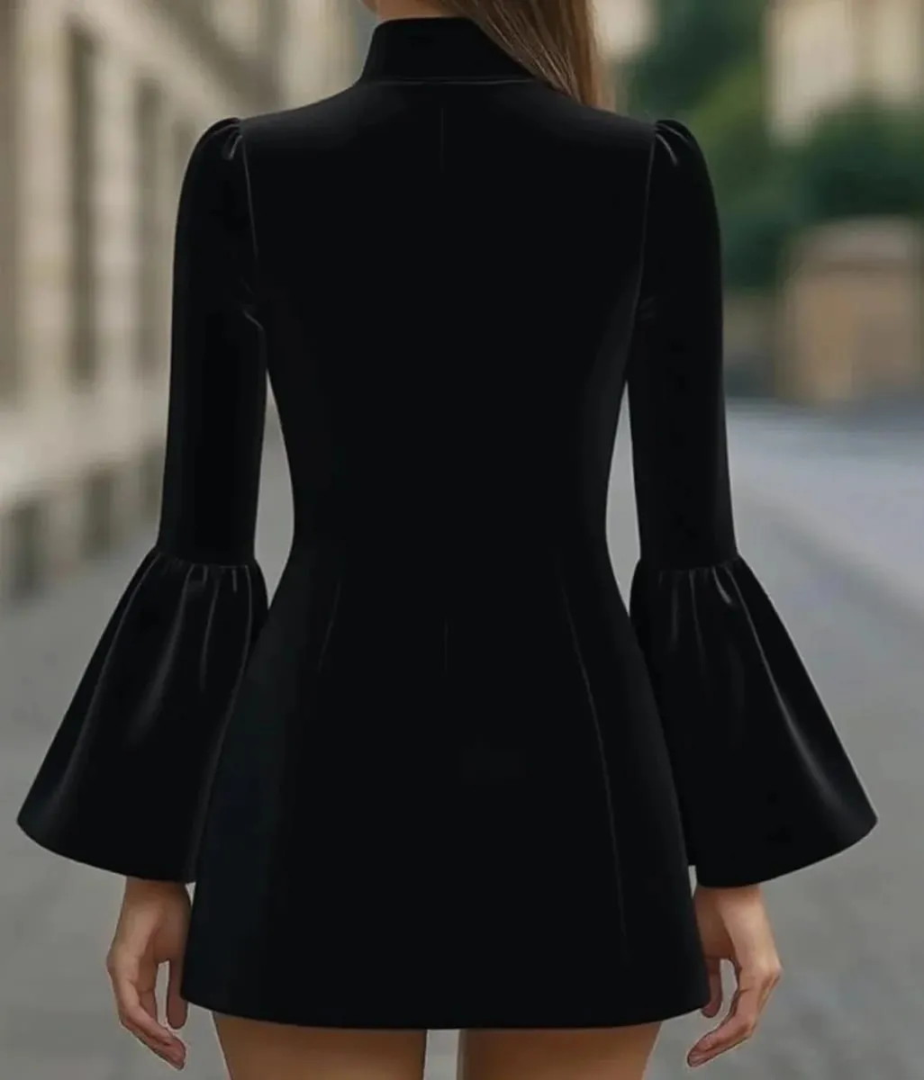 Autumn temperament slim solid colour stand-up collar flared sleeve single-breasted suit dress — image 6