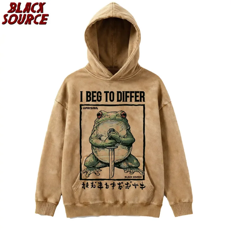 T444 I Beg To Differ Frog Hoodie, Funny Japanese Retro Graphic Pullover Sweatshirt, Harajuku Aesthetic Streetwear — image 2