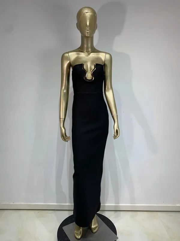 2025 Celebrity Women Sexy senza spalline Backless Nero Maxi lungo aderente vestito dalla fasciatura Elegante abito da sera per club