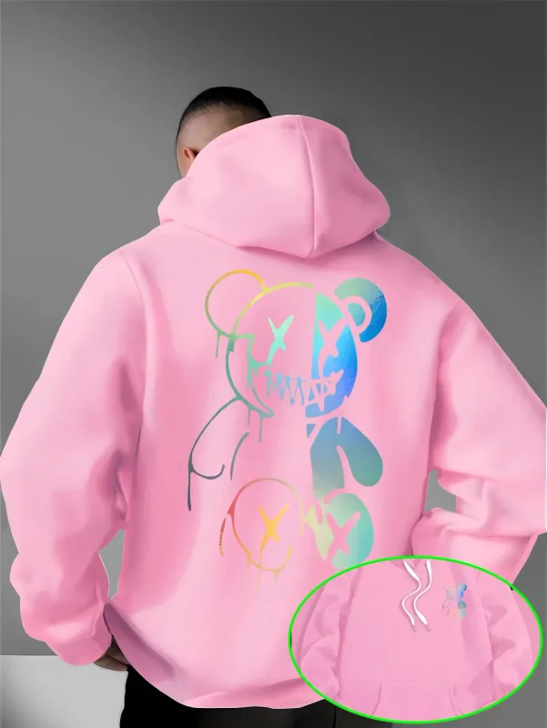 Loose Oversized Men Hoodies Holographic Split Evil Bear Front Back Dual Print Pullover Sweatshirt Dark Street Daily Hooded Tops — image 6
