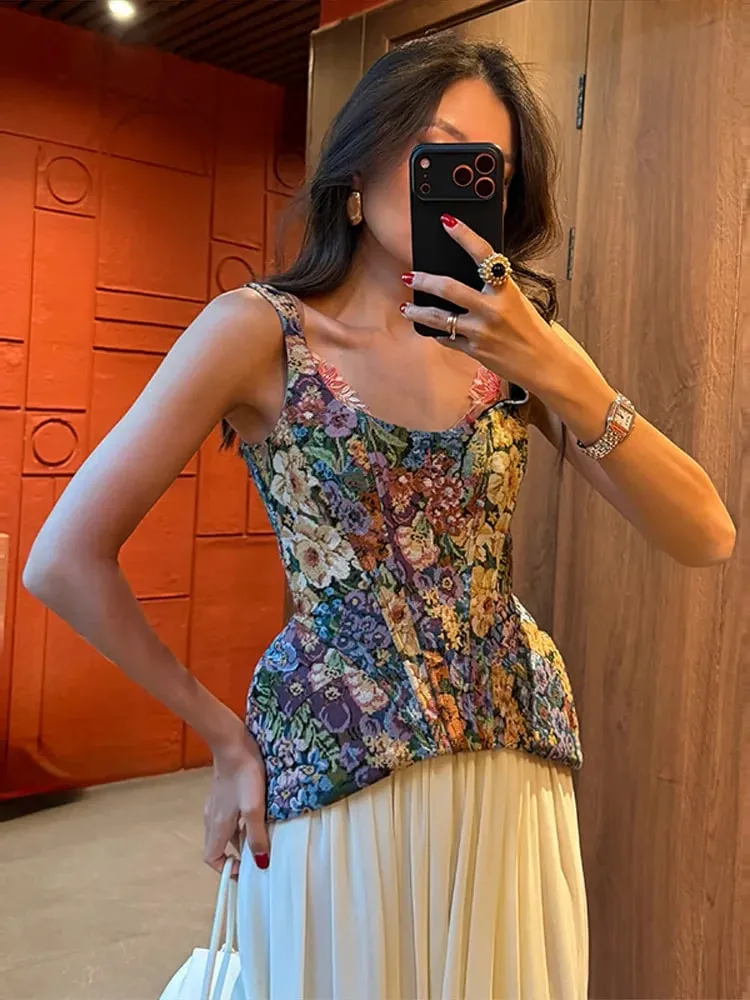 Vintage Floral U Neck Spaghetti Strap Corset Cami Top Curved Hem Fitted 2026 Summer Women Slim Tank Causla Versatlie Lady Top — image 2